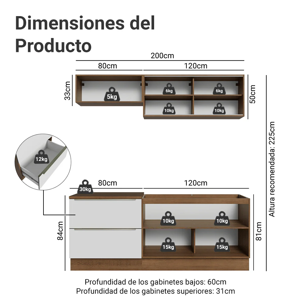Cocina Compacta 200 x 60 cm Marrón/Blanco Aterciopelado Lux Madesa 01 - Image 2