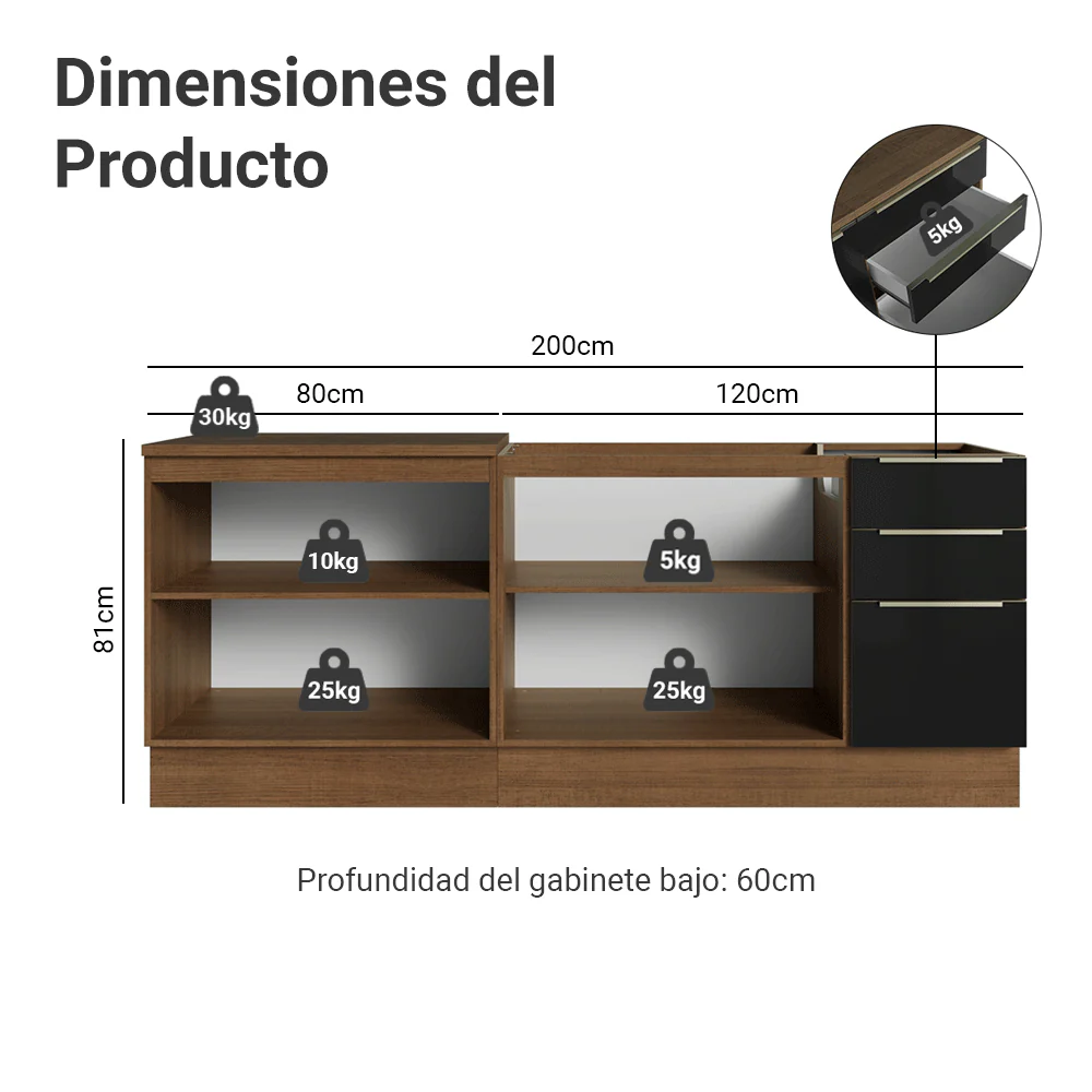 Cocina Compacta 200 x 60 cm Marrón/Negro Lux Madesa 06 - Image 2