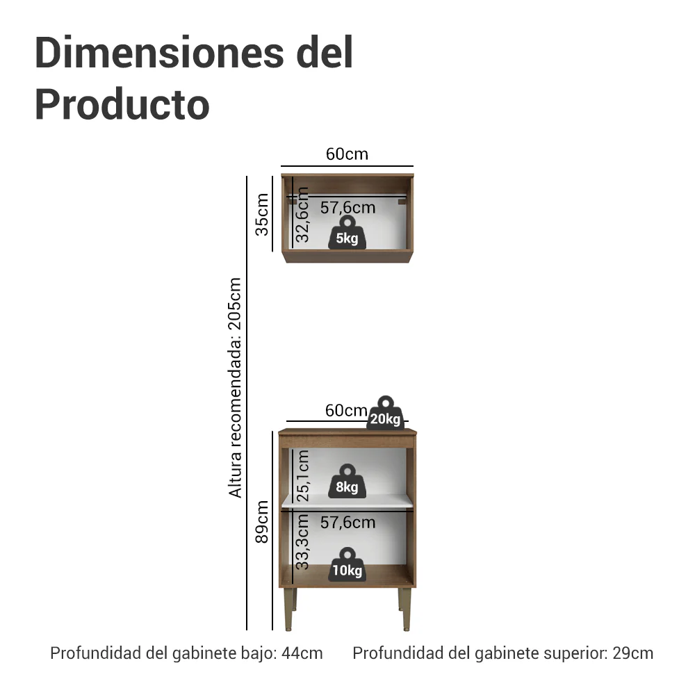 Combo Cocina con Alacena y Bajo Mesada 60 cm Marrón/Blanco Lille Madesa - Image 2