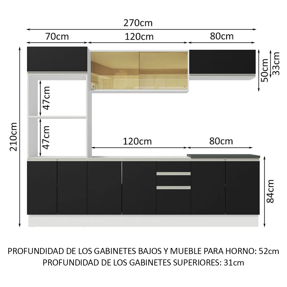Combo Completo de Cocina 100% MDF 270 cm Blanco/Negro Acordes Madesa 07 - Image 2