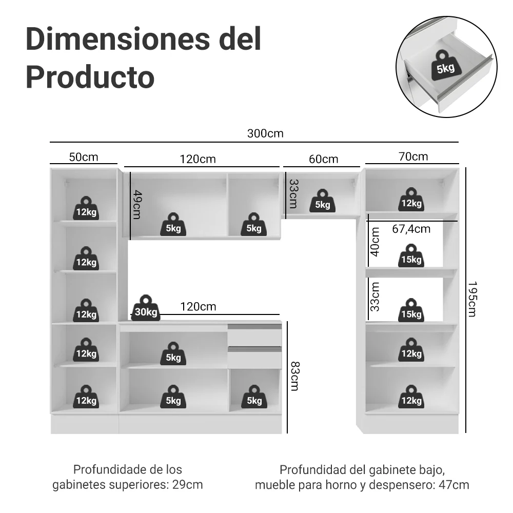Combo completo de Cocina 100% MDF 300cm Blanco Smart Madesa 03 - Image 2