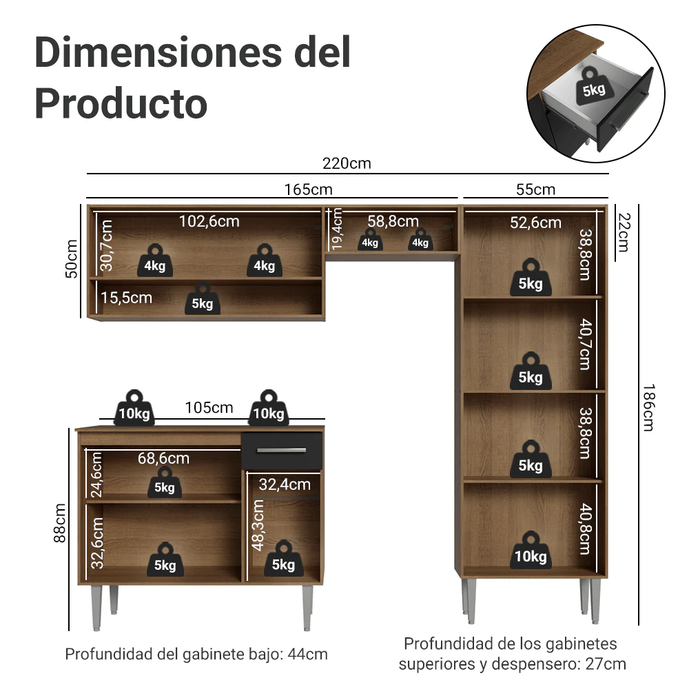 Combo completo de Cocina 220 cm Marrón/Negro Deli Madesa 01 - Image 2