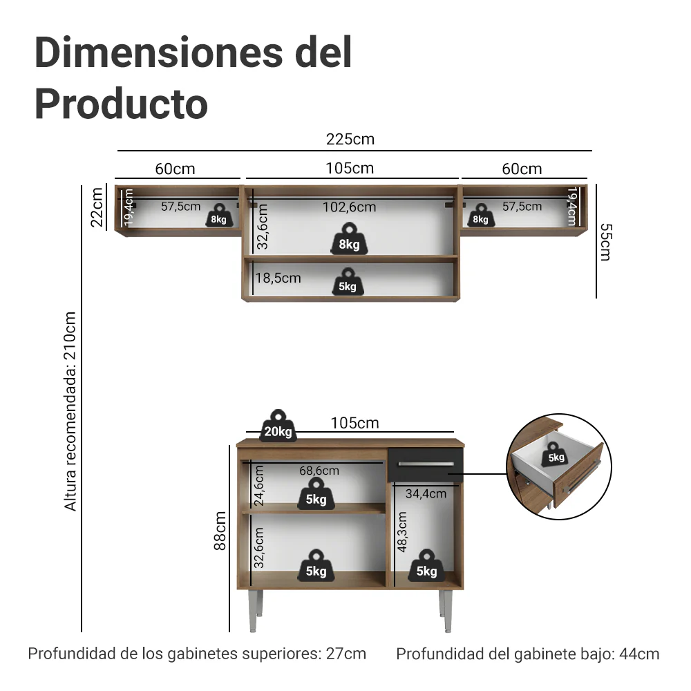 Combo completo de Cocina 225cm Marrón/Negro Emilly 01 - Image 2