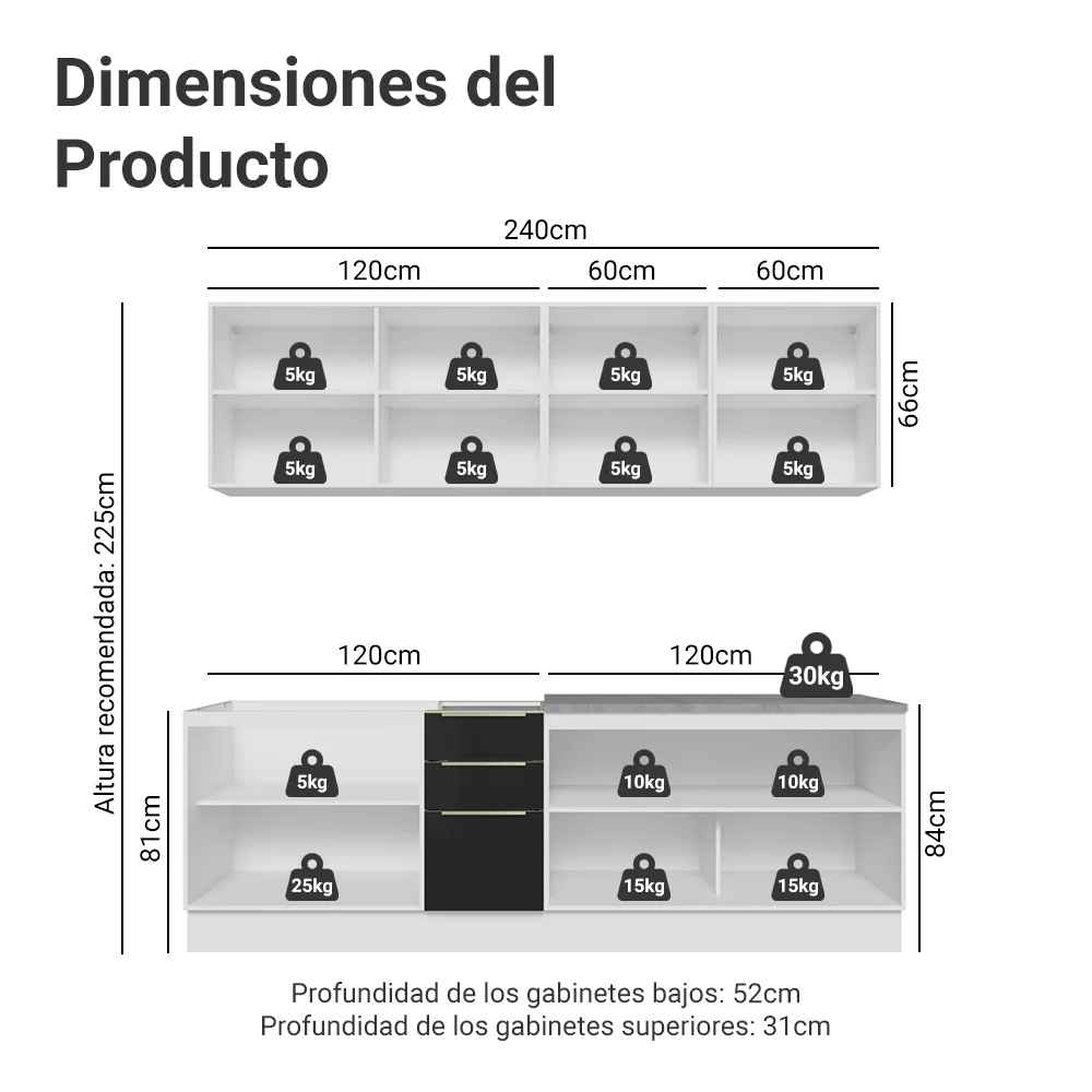 Combo completo de Cocina 240 cm Blanco/Negro Lux Madesa 09 - Image 2