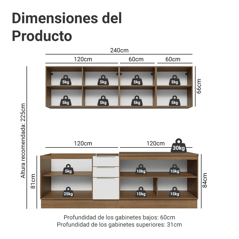 Combo Completo de Cocina 240 x 60 cm Marrón/Blanco Aterciopelado Lux Madesa 05 - Image 2