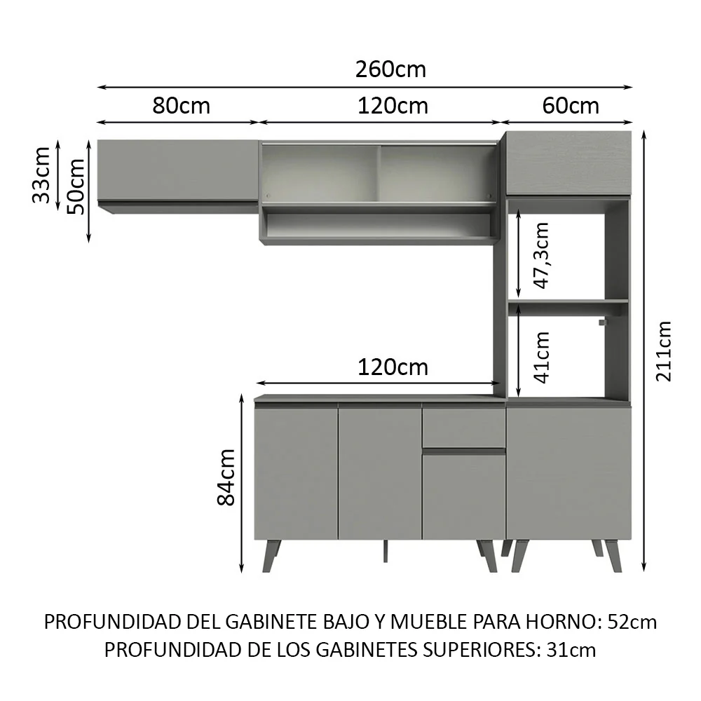 Combo Completo de Cocina 260 cm Gris Nice Madesa 04 - Image 2