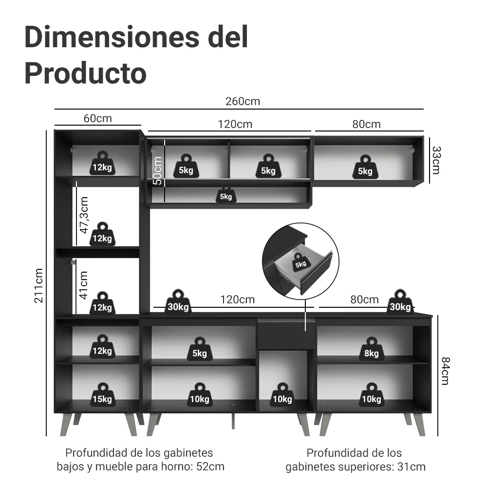 Combo completo de Cocina 260 cm Negro Nice Madesa 02 - Image 2