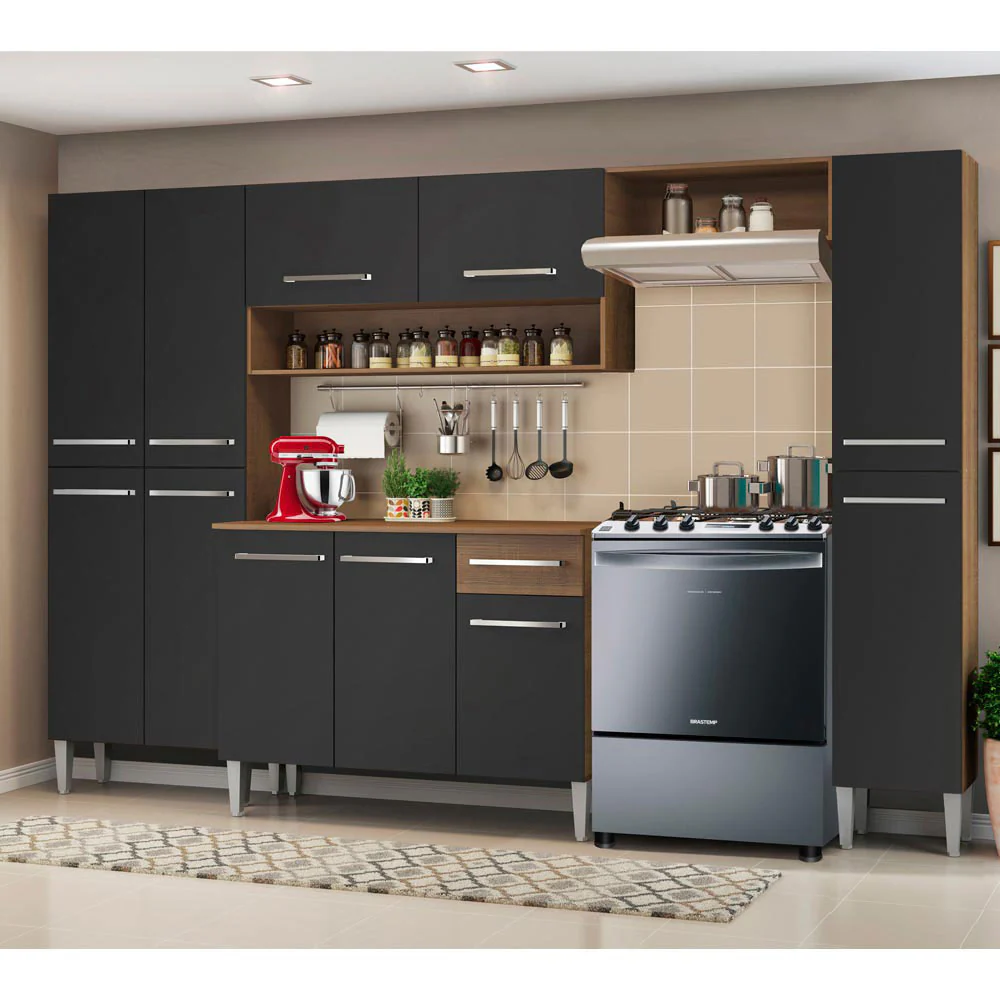 Combo completo de Cocina 261cm Marrón/Negro/Negro Emilly Hit Madesa 01