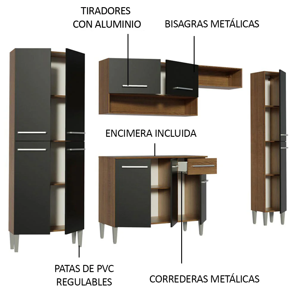 Combo completo de Cocina 261cm Marrón/Negro/Negro Emilly Hit Madesa 01 - Image 4