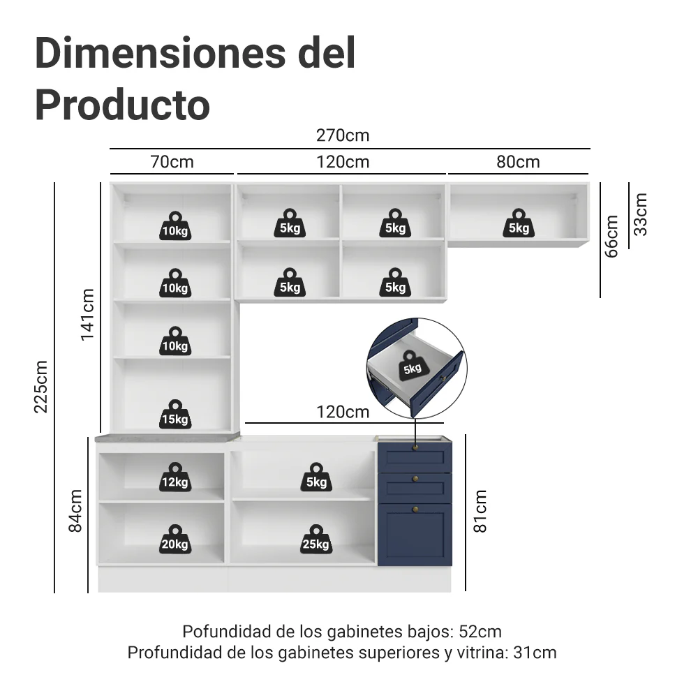 Combo completo de Cocina 270 cm Blanco/Azul Vik Madesa 05 - Image 2