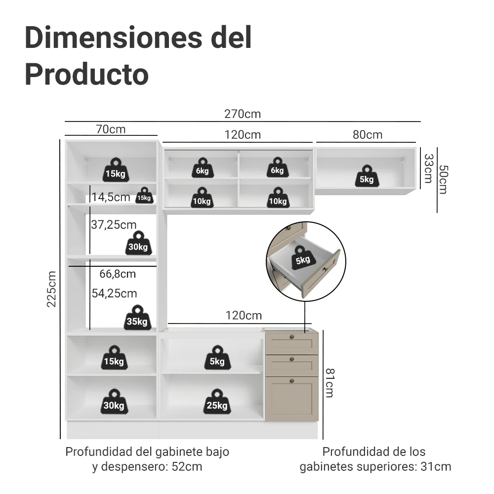 Combo completo de Cocina 270 cm Blanco/Crema Vik Madesa 04 - Image 2