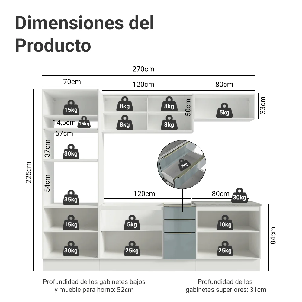 Combo completo de Cocina 270 cm Blanco/Gris Lux Madesa 05 - Image 2