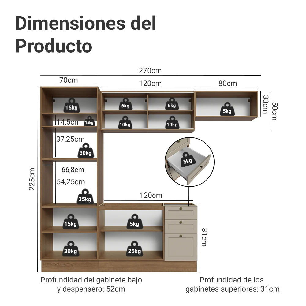 Combo completo de Cocina 270 cm Marrón/Crema Vik Madesa 03 - Image 2
