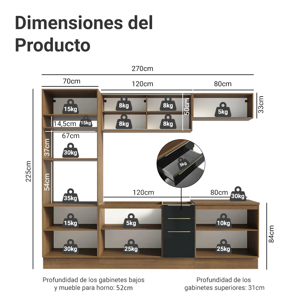 Combo completo de Cocina 270 cm Marrón/Negro Lux Madesa 05 - Image 2