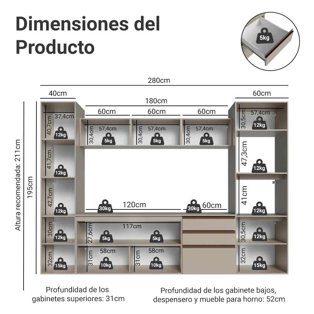 Combo completo de Cocina, 280 cm, flotante, Crema Nice 06 - Image 2