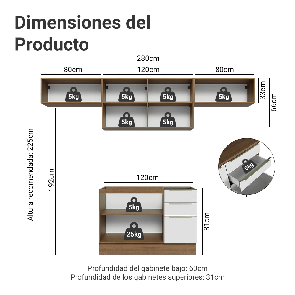 Combo completo de Cocina 280 x 60 cm Marrón/Blanco Aterciopelado Lux Madesa 02 - Image 2