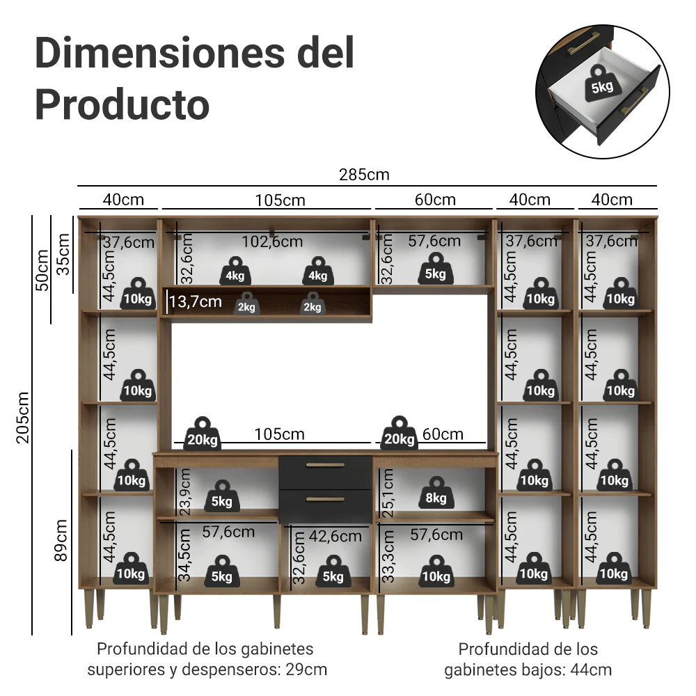 Combo completo de Cocina 285 cm Marrón/Negro Lille Madesa 01 - Image 2