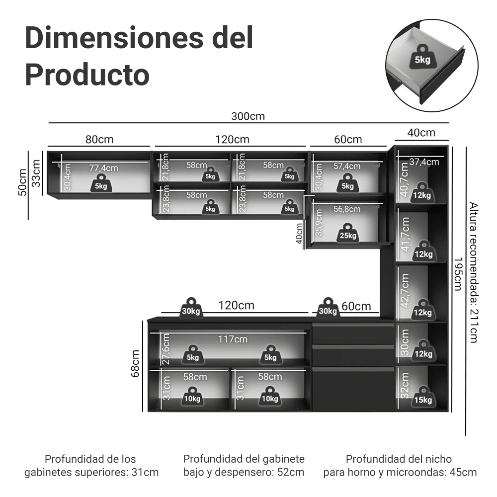 Combo Completo de Cocina 300 cm Flotante Negro Nice Madesa 10 - Image 2