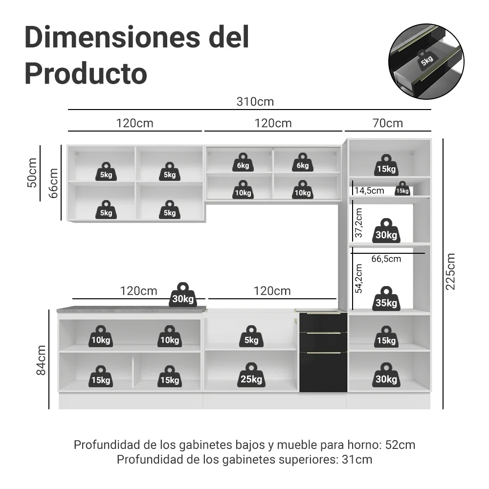 Combo Completo de Cocina 310 cm Blanco/Negro Lux Madesa 03 - Image 2