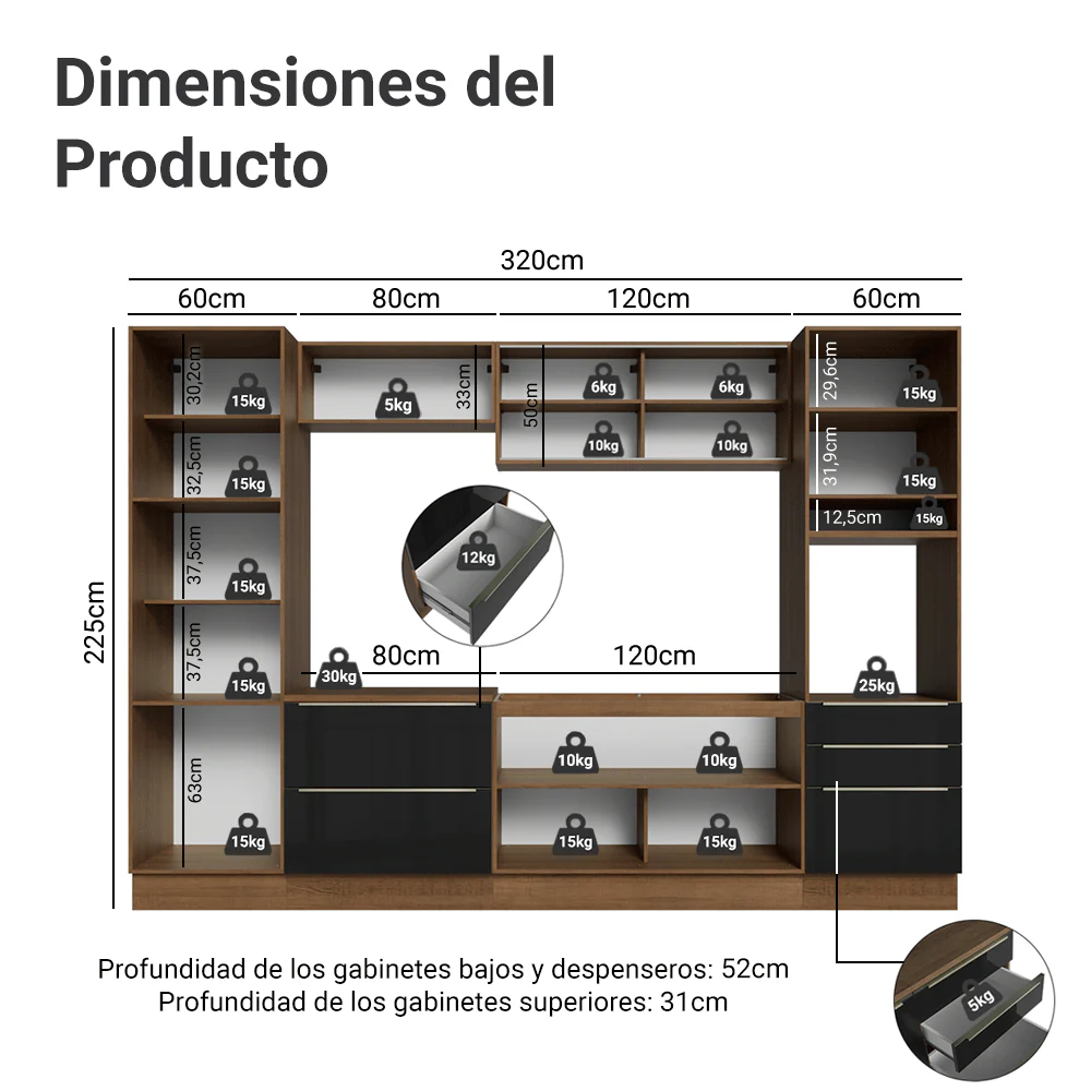 Combo completo de Cocina 320 cm Marrón/Negro Lux Madesa 08 - Image 2