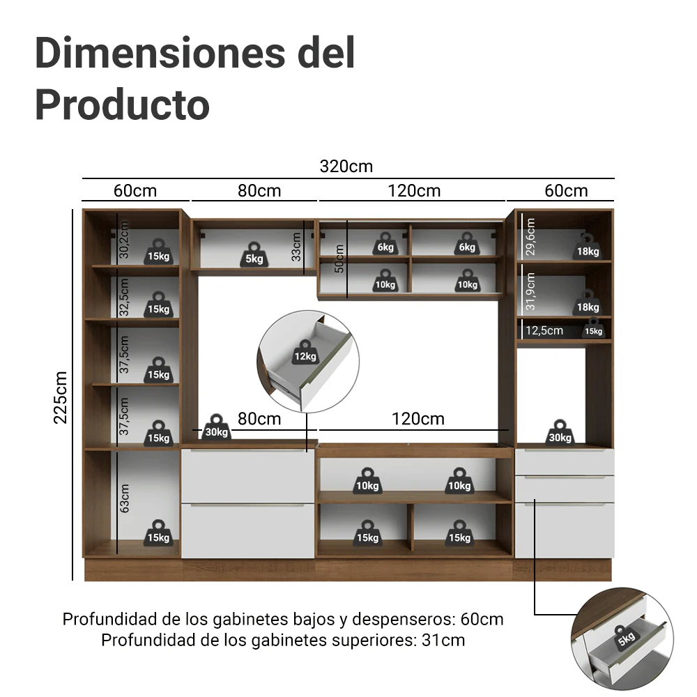 Combo Completo de Cocina 320 x 60 cm Marrón/Blanco Aterciopelado Lux Madesa 01 - Image 2