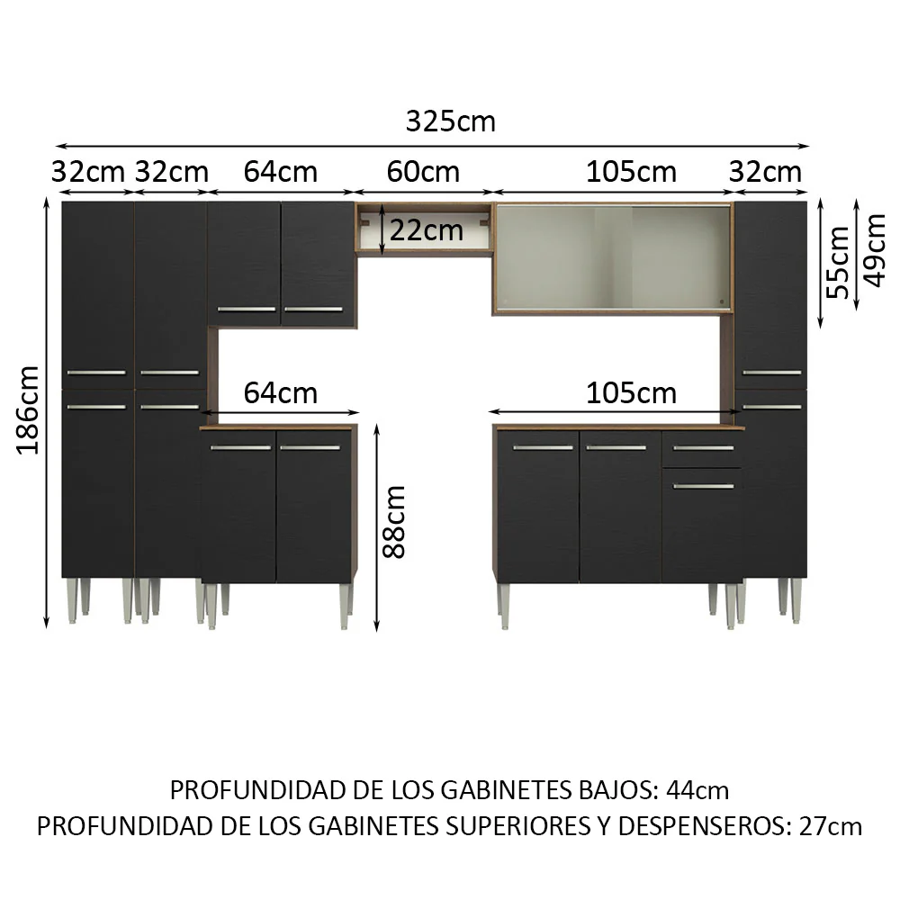 Combo completo de Cocina 325cm Marrón/Negro Emilly Madesa 03 - Image 2