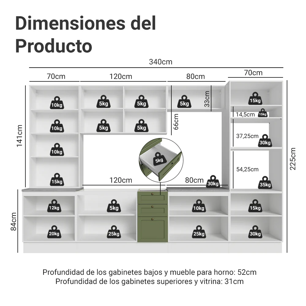 Combo completo de Cocina 340 cm Blanco/Verde Vik Madesa 01 - Image 2