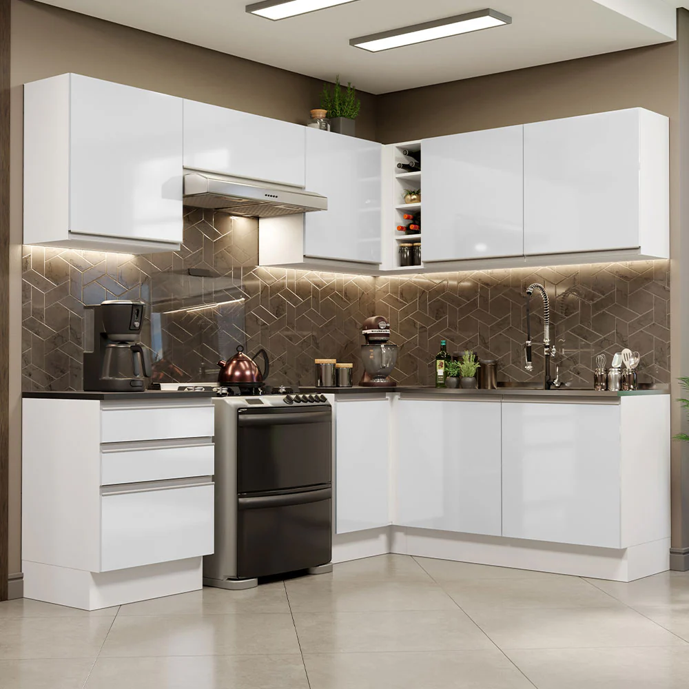Combo Completo de Cocina Esquinera 100% MDF 409 cm Frentes Blanco Brillante Acordes Madesa 01