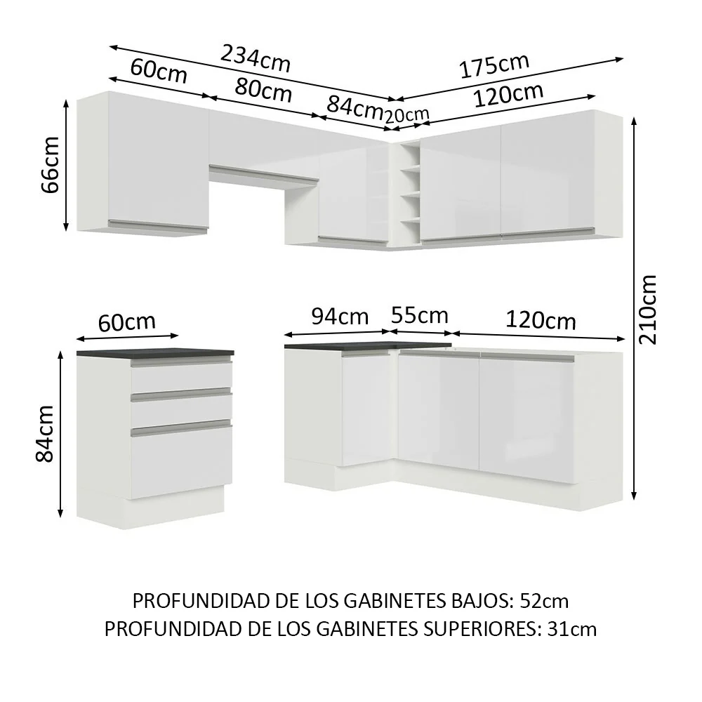Combo Completo de Cocina Esquinera 100% MDF 409 cm Frentes Blanco Brillante Acordes Madesa 01 - Image 2
