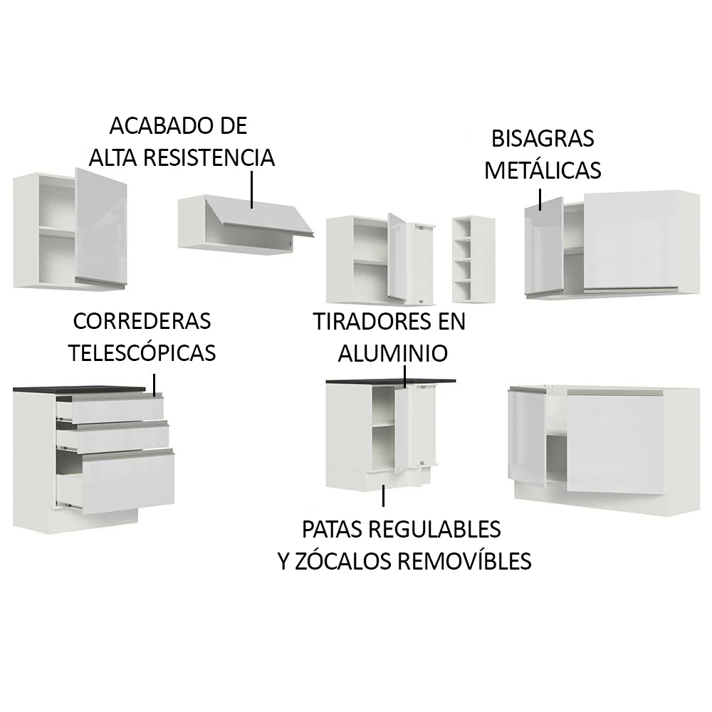 Combo Completo de Cocina Esquinera 100% MDF 409 cm Frentes Blanco Brillante Acordes Madesa 01 - Image 4