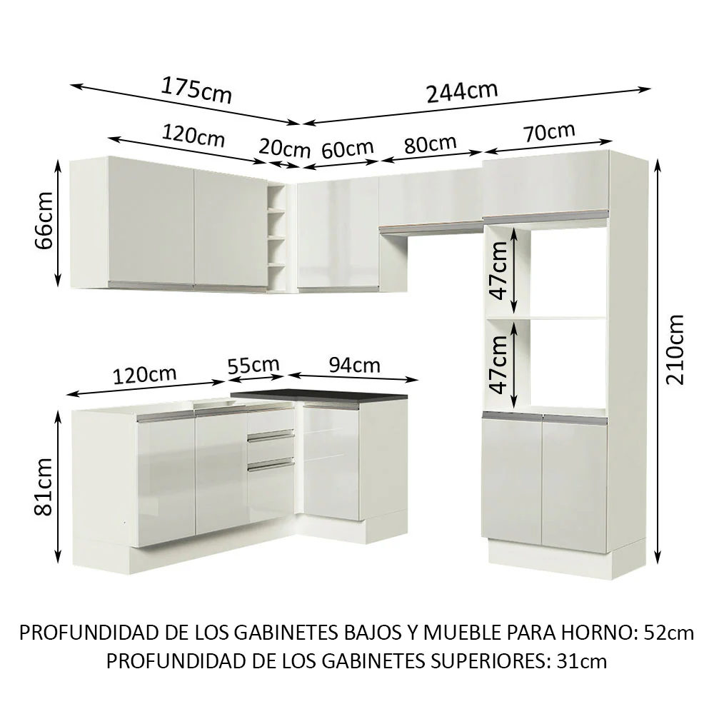 Combo Completo de Cocina Esquinera 100% MDF 419 cm Frentes Blanco Brillante Acordes Madesa 01 - Image 2