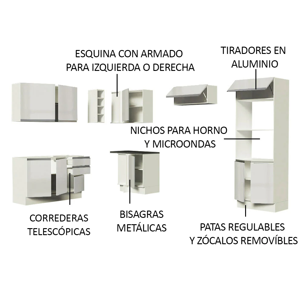 Combo Completo de Cocina Esquinera 100% MDF 419 cm Frentes Blanco Brillante Acordes Madesa 01 - Image 4