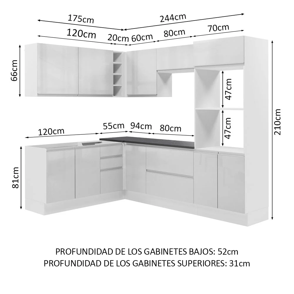Combo Completo de Cocina Esquinera 100% MDF 419 cm Frentes Blanco Brillante Acordes Madesa 03 - Image 2