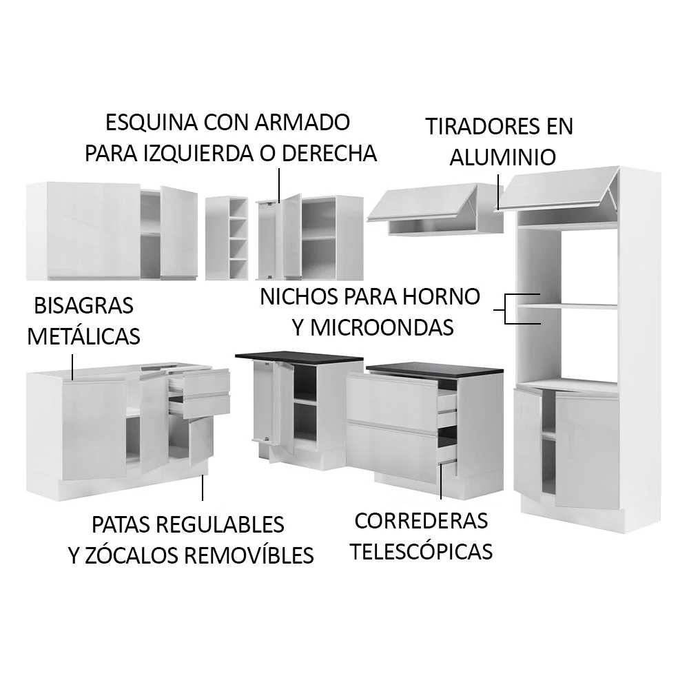 Combo Completo de Cocina Esquinera 100% MDF 419 cm Frentes Blanco Brillante Acordes Madesa 03 - Image 4