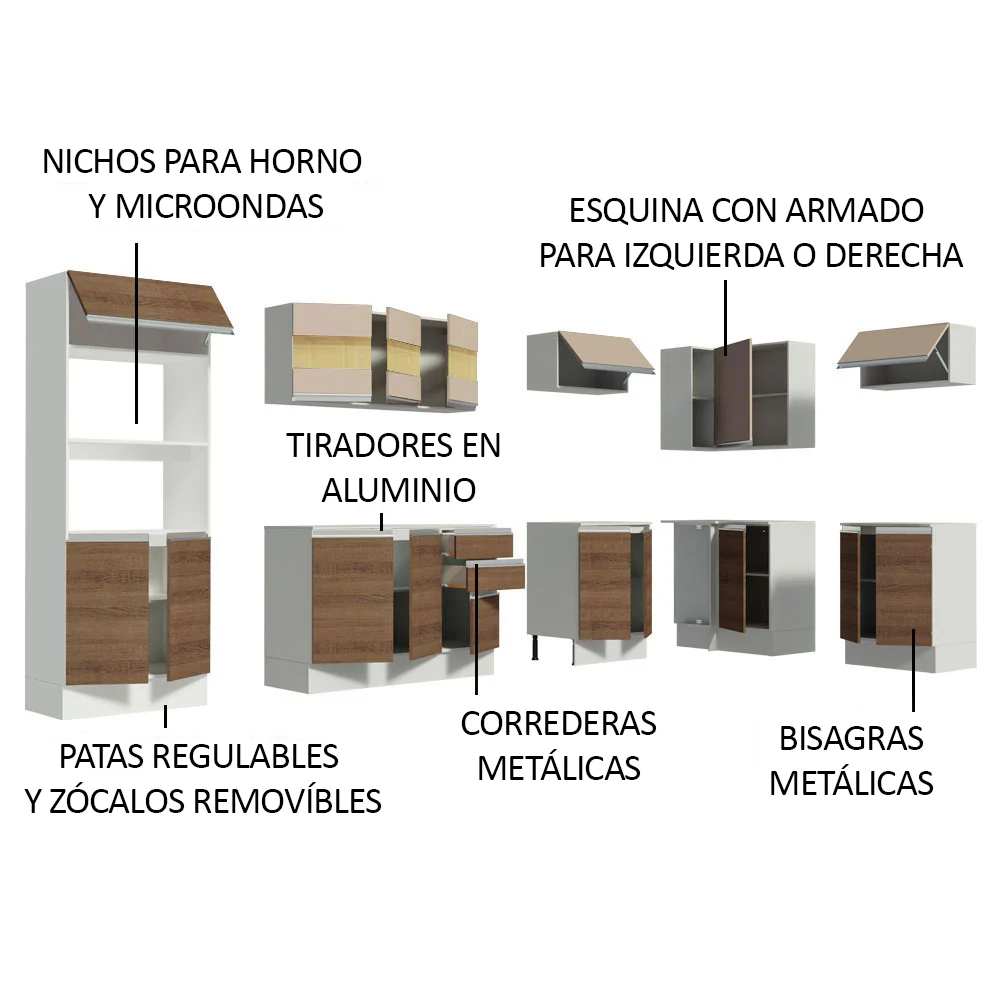Combo Completo de Cocina Esquinera 100% MDF 448 cm Blanco/Marrón/Crema Smart Madesa 01 - Image 4