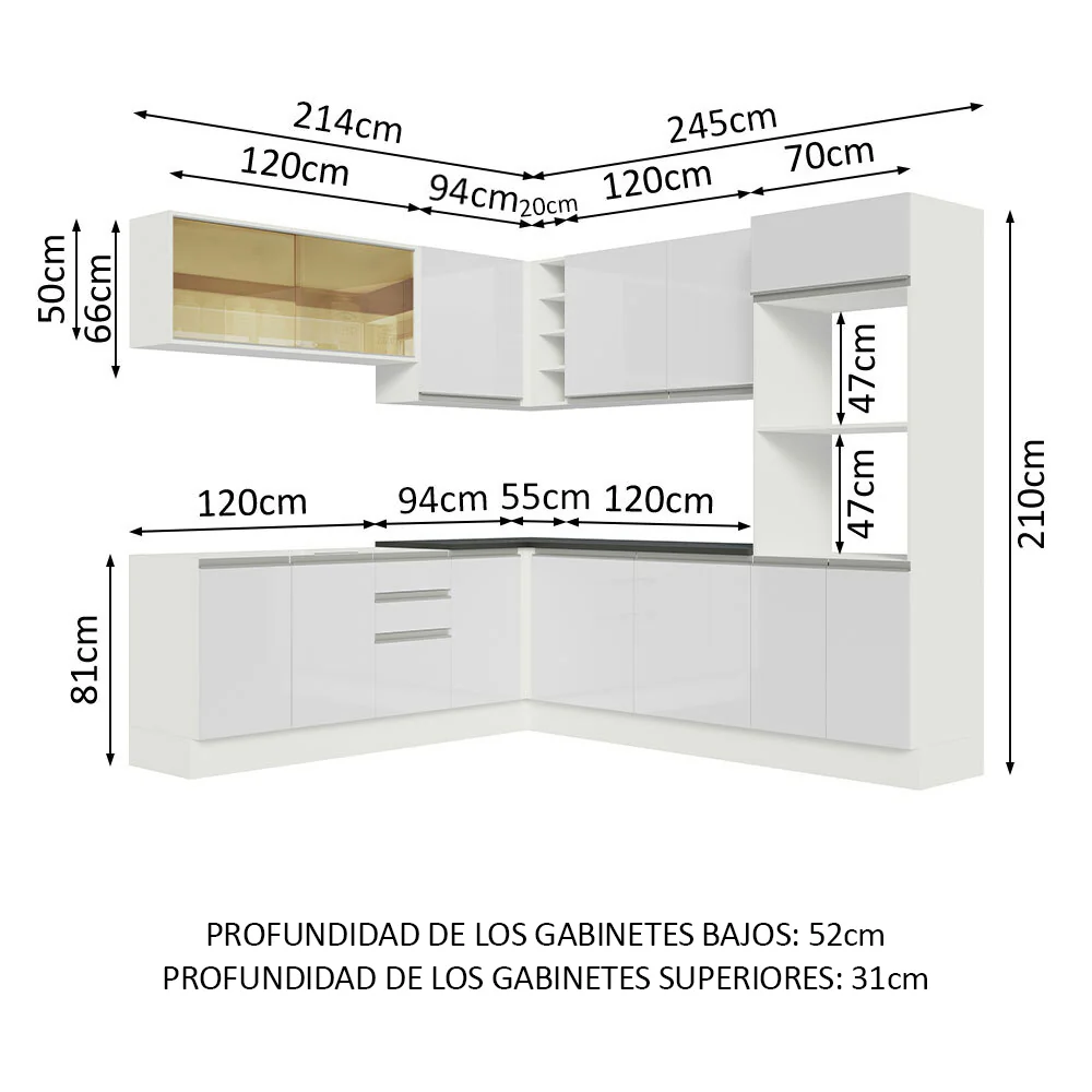 Combo Completo de Cocina Esquinera 100% MDF 459 cm Frentes Blanco Brillante Acordes Madesa 01 - Image 2