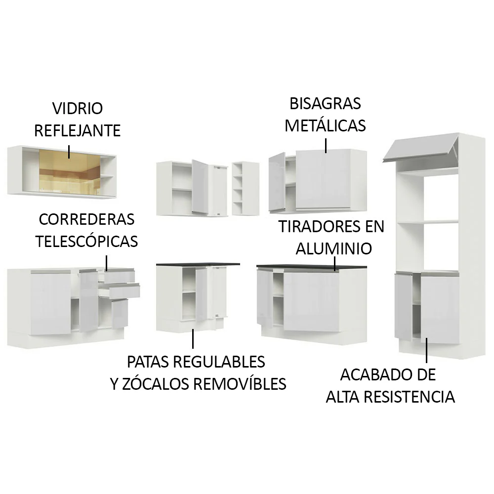 Combo Completo de Cocina Esquinera 100% MDF 459 cm Frentes Blanco Brillante Acordes Madesa 01 - Image 4