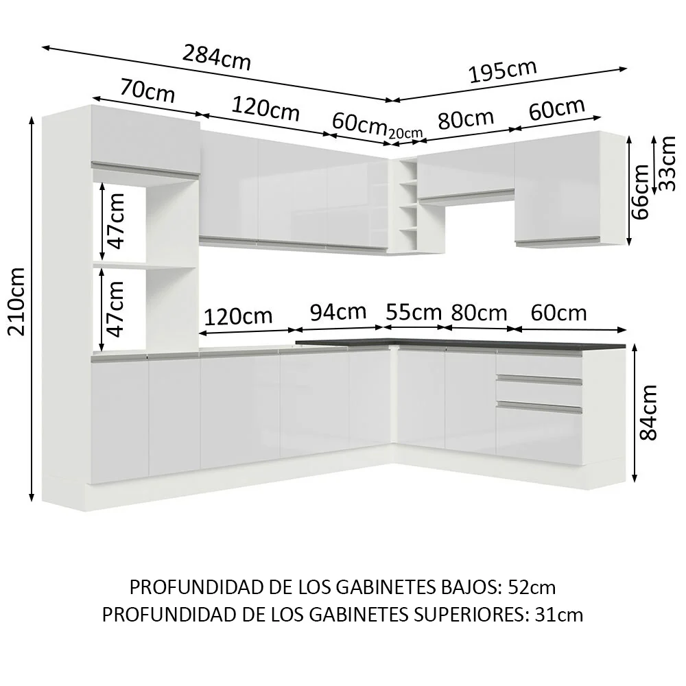 Combo Completo de Cocina Esquinera 100% MDF 479 cm Frentes Blanco Brillante Acordes Madesa 03 - Image 2