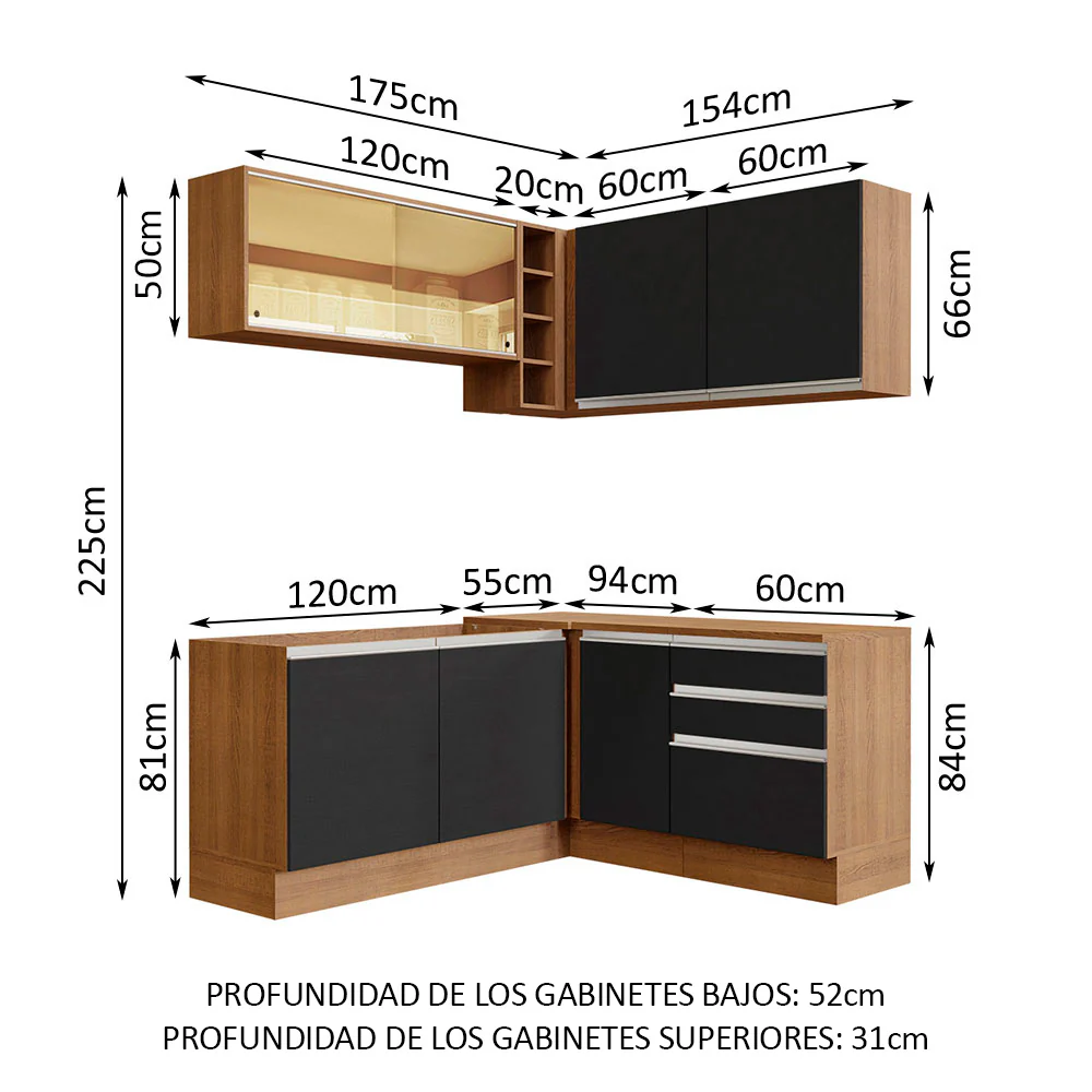 Combo completo de Cocina Esquinera 329cm Glamy Madesa 02 Marrón/Negro - Image 3