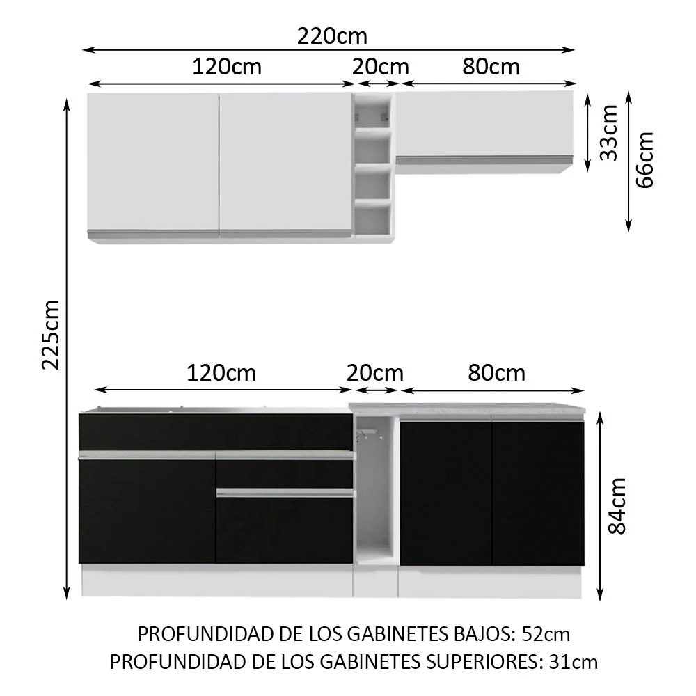 Combo completo de Cocina Madesa Glamy 220cm Blanco/Negro/Blanco 03 - Image 2
