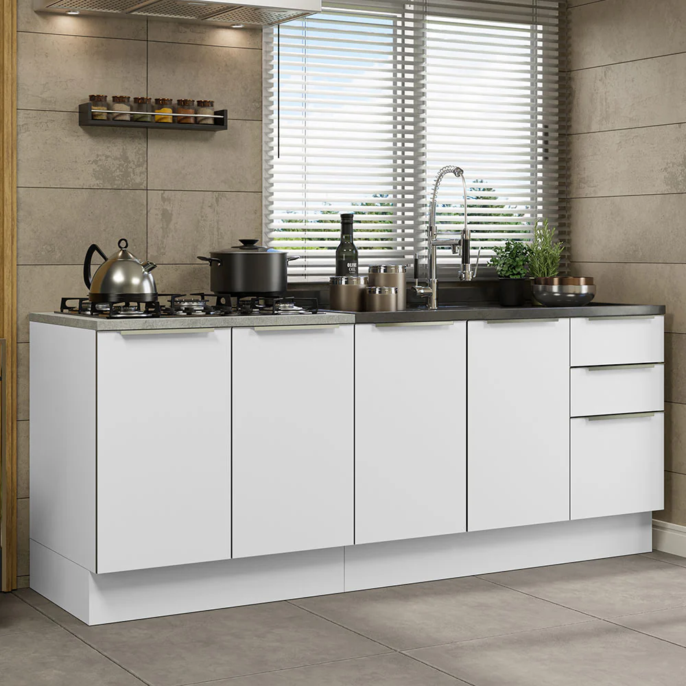 Combo con 2 Bajos Mesadas de Cocina 4 Puetas 3 Cajones 200 x 60 cm (Sin Mesada y Bacha) Blanco/Blanco Aterciopelado Lux Madesa