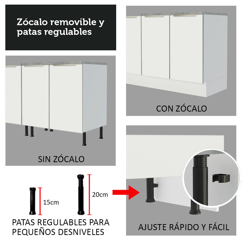 Combo con 2 Bajos Mesadas de Cocina 4 Puetas 3 Cajones 200 x 60 cm (Sin Mesada y Bacha) Blanco/Blanco Aterciopelado Lux Madesa - Image 10