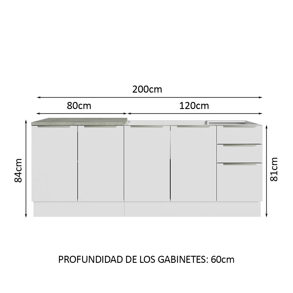 Combo con 2 Bajos Mesadas de Cocina 4 Puetas 3 Cajones 200 x 60 cm (Sin Mesada y Bacha) Blanco/Blanco Aterciopelado Lux Madesa - Image 2