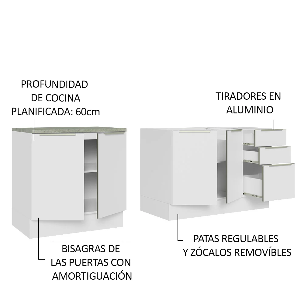 Combo con 2 Bajos Mesadas de Cocina 4 Puetas 3 Cajones 200 x 60 cm (Sin Mesada y Bacha) Blanco/Blanco Aterciopelado Lux Madesa - Image 4