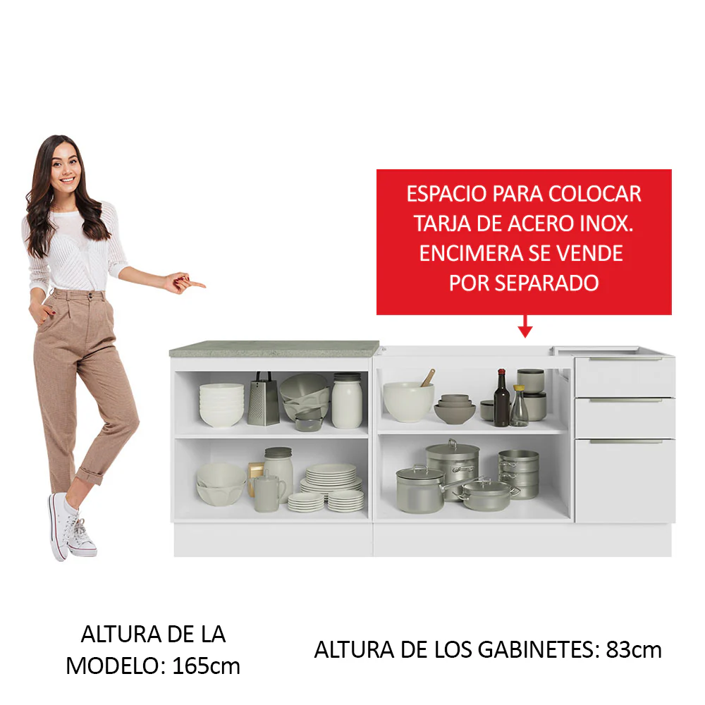 Combo con 2 Bajos Mesadas de Cocina 4 Puetas 3 Cajones 200 x 60 cm (Sin Mesada y Bacha) Blanco/Blanco Aterciopelado Lux Madesa - Image 5