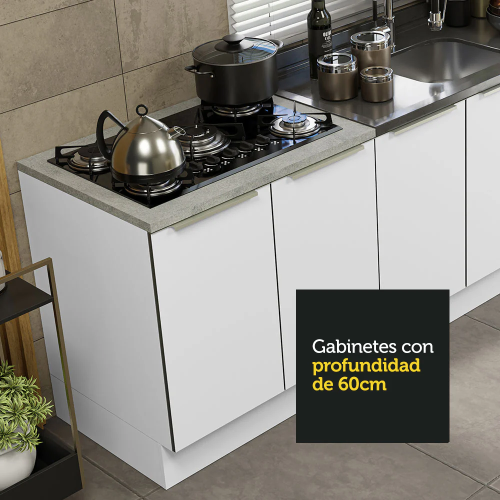 Combo con 2 Bajos Mesadas de Cocina 4 Puetas 3 Cajones 200 x 60 cm (Sin Mesada y Bacha) Blanco/Blanco Aterciopelado Lux Madesa - Image 9
