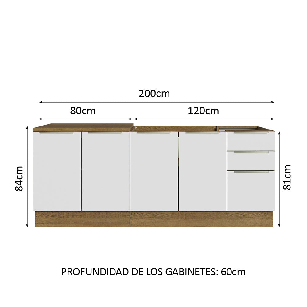 Combo con 2 Bajos Mesadas de Cocina 4 Puetas 3 Cajones 200 x 60 cm (Sin Mesada y Bacha) Marrón/Blanco Aterciopelado Lux Madesa - Image 2