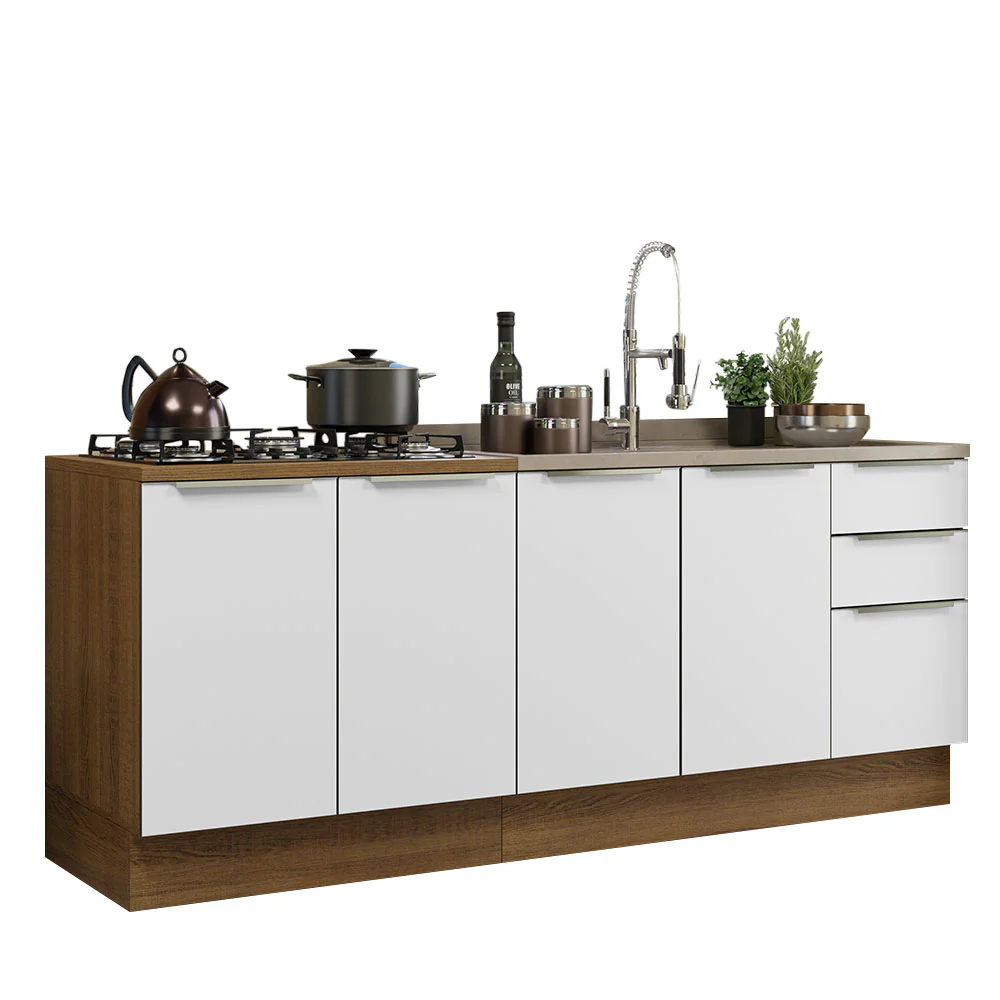 Combo con 2 Bajos Mesadas de Cocina 4 Puetas 3 Cajones 200 x 60 cm (Sin Mesada y Bacha) Marrón/Blanco Aterciopelado Lux Madesa - Image 3