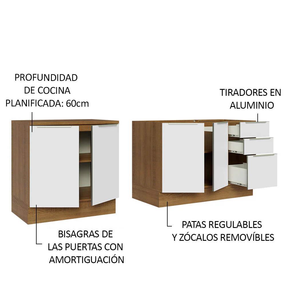 Combo con 2 Bajos Mesadas de Cocina 4 Puetas 3 Cajones 200 x 60 cm (Sin Mesada y Bacha) Marrón/Blanco Aterciopelado Lux Madesa - Image 4