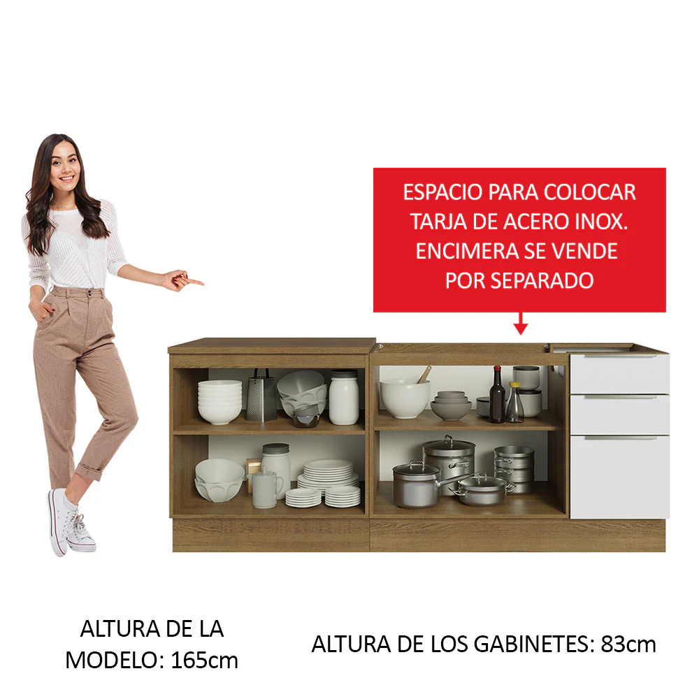 Combo con 2 Bajos Mesadas de Cocina 4 Puetas 3 Cajones 200 x 60 cm (Sin Mesada y Bacha) Marrón/Blanco Aterciopelado Lux Madesa - Image 5
